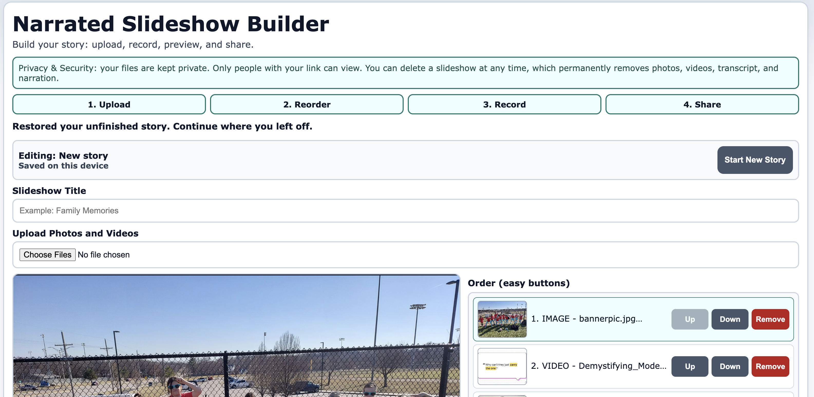 Screenshot of the slideshow narration app